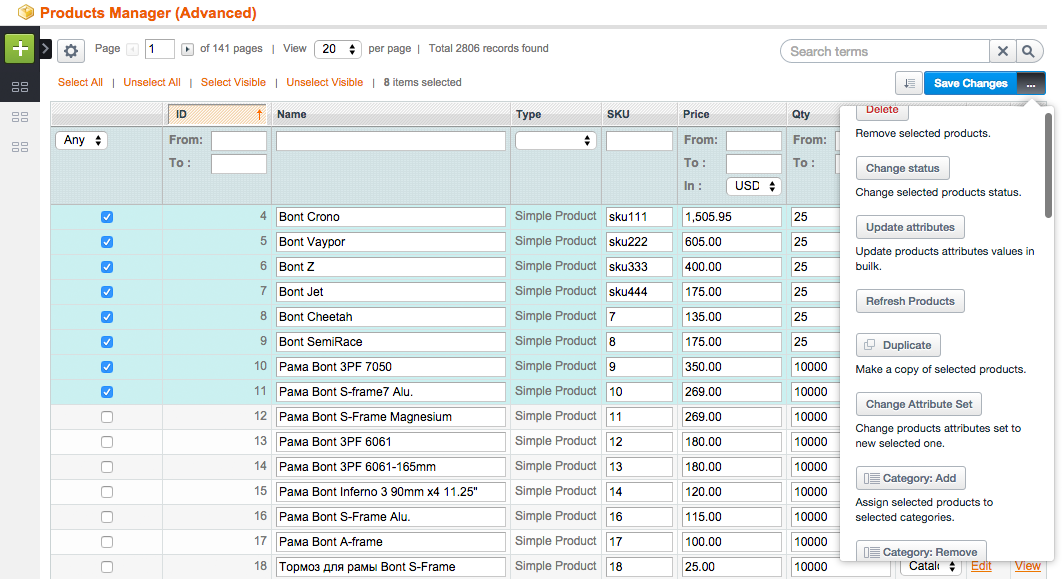 Magento - Enhanced Product Grid - Mass Products Action - Advanced Products Manager